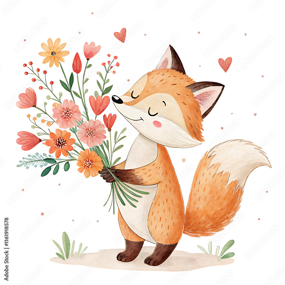 Fototapeta premium Heartfelt valentine animals clipart adorable fox with flowers in a whimsical garden setting