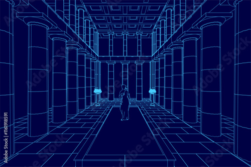 Blue image of a large room with a person standing in the middle. The room is filled with pillars and has a very modern and futuristic feel to it