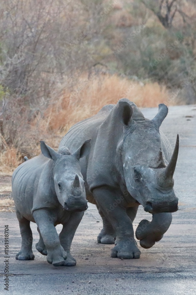 Fototapeta premium trotting rhino with baby