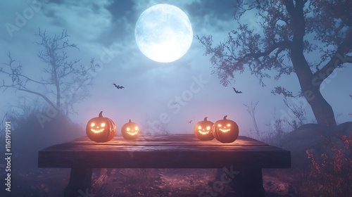 Jackolanterns on a Wooden Table Under a Halloween Moon photo