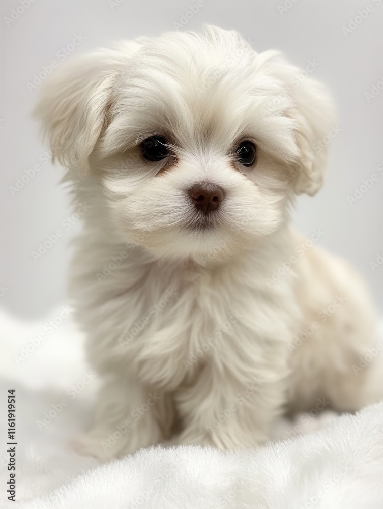 Adorable Maltese puppy with cream-white fur sitting on a soft white background