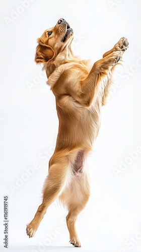 Ginger dog with long silky fur jumping on a white background
