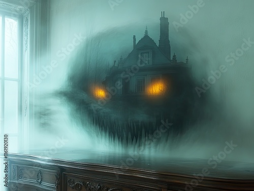 Haunted house image; eerie, misty vision. Perfect for Halloween, horror, mystery themes; evokes suspense, fear. photo