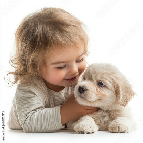 A little child playing with an adorable puppy on a white background.

