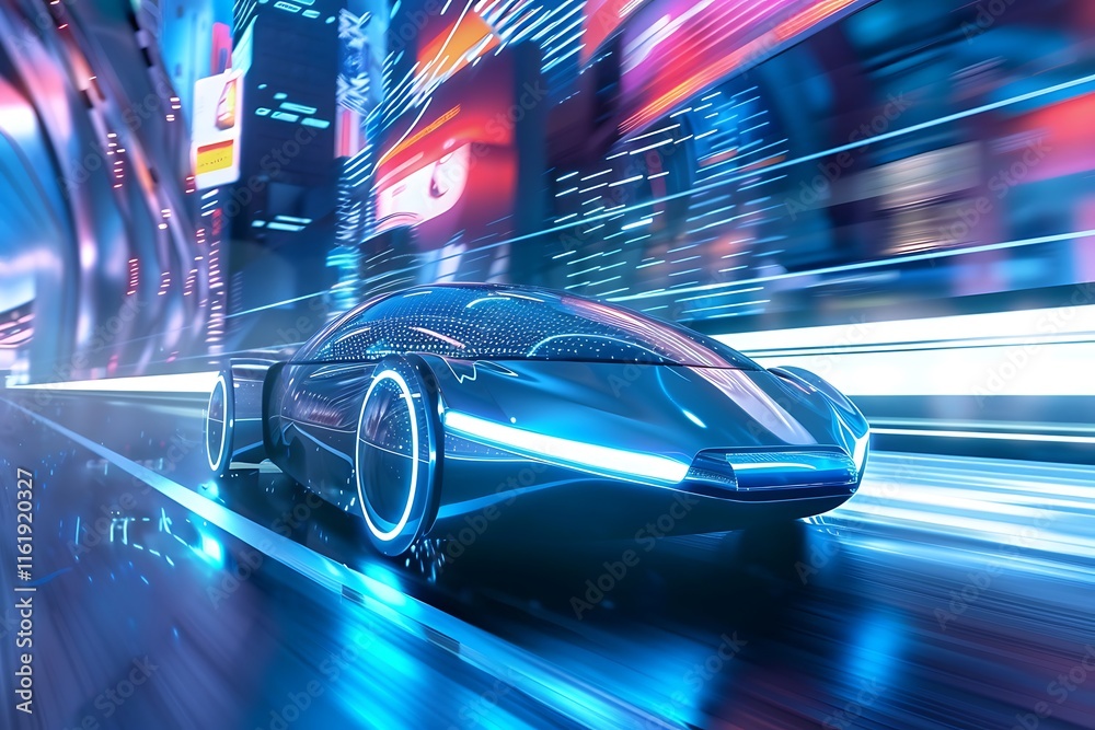 A sleek, futuristic electric car zooms through a vibrant, neonlit city at night. Motion blur emphasizes speed. The vehicle is technologically advanced, showcasing glowing details. A sleek, futuristic electric car zooms through a vibrant, neonlit city at night. Motion blur emphasizes speed. The vehicle is technologically advanced, showcasing glowing details.