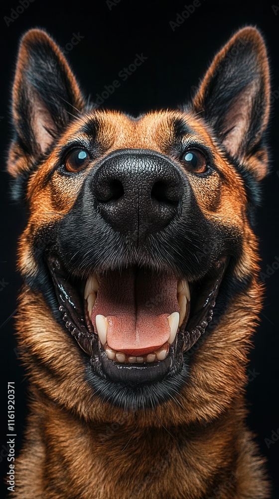 Smiling Belgian Malinois close-up on a black background Smiling Belgian Malinois close-up on a black background