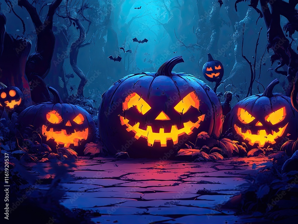 Glowing jack-o'-lanterns in a spooky forest, bats flying overhead. Perfect for Halloween themes, spooky backgrounds, or eerie autumn imagery. Glowing jack-o'-lanterns in a spooky forest, bats flying overhead. Perfect for Halloween themes, spooky backgrounds, or eerie autumn imagery.