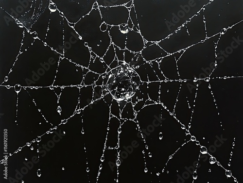 Dewdrops cling to intricate spiderweb strands against a dark background. Perfect for nature, autumn, or Halloween themes; evokes mystery and fragility. photo