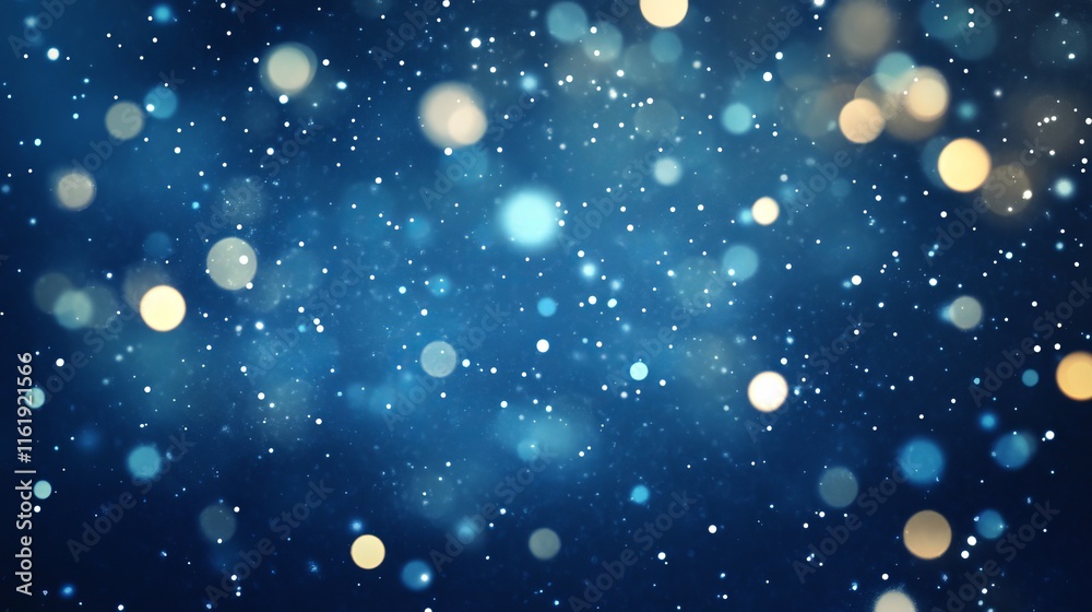 Obraz premium Abstract blue bokeh lights on dark background, magical snowfall effect for holiday designs and festive new year templates