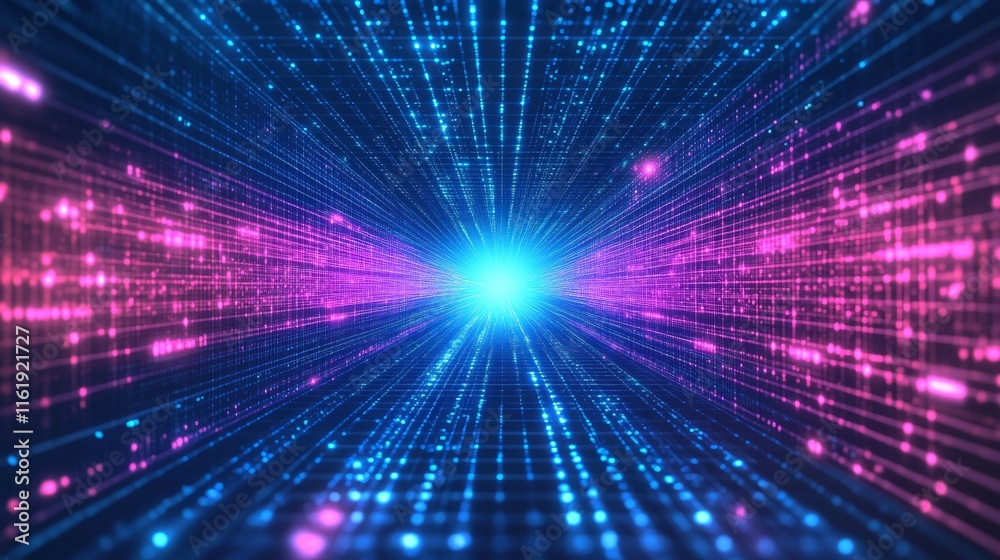 A blue and pink lighted tunnel with a bright light at the end A blue and pink lighted tunnel with a bright light at the end