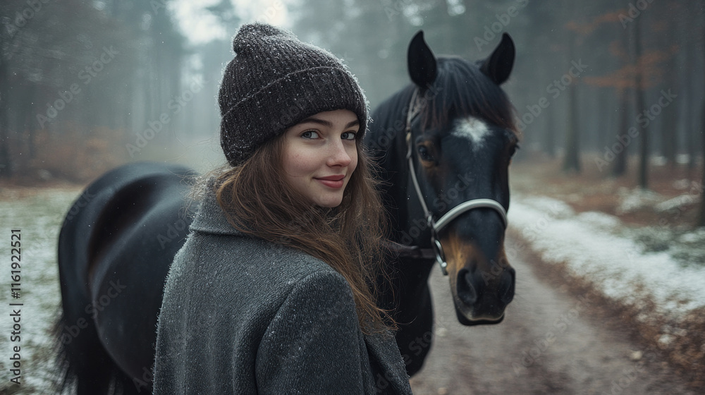 Obraz premium Germany woman wearing coat with a black horse on a forest in snowy weather