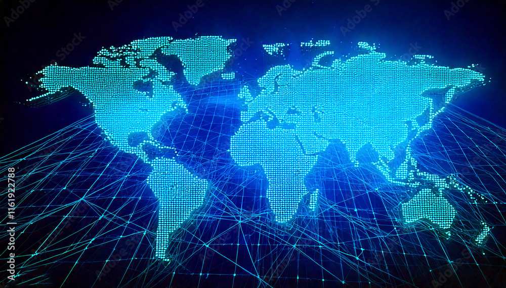 Digital World Map with Blue Grid and Glowing Data Points, Global Communication Theme Digital World Map with Blue Grid and Glowing Data Points, Global Communication Theme