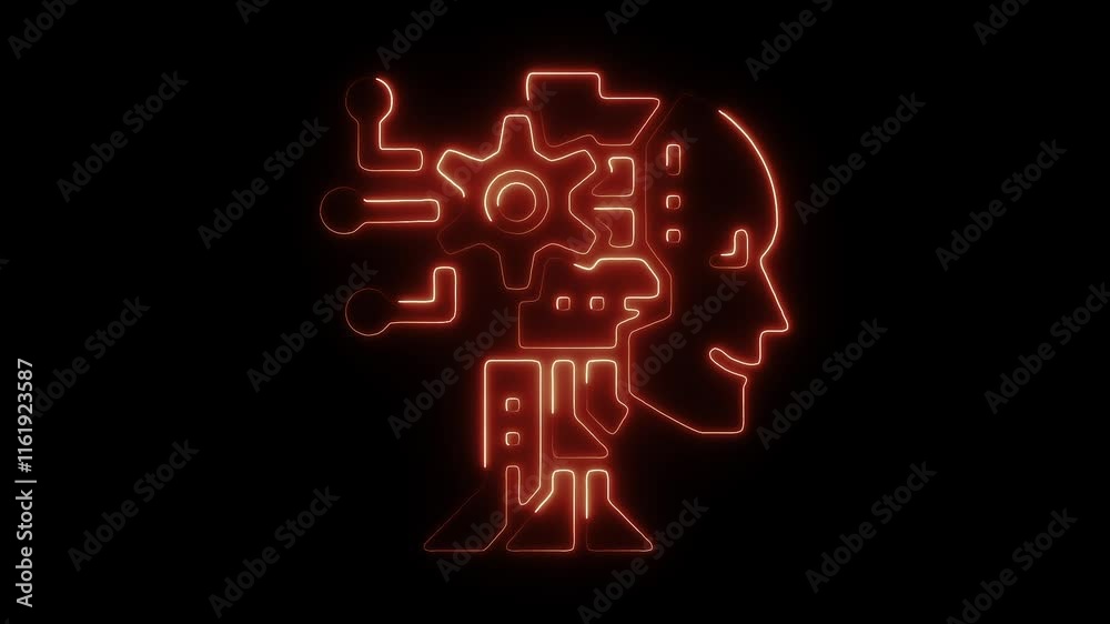 Glowing Neon Artificial Intelligence Icon with Circuits and Gears - HD Motion Graphics Video on Black Background Glowing Neon Artificial Intelligence Icon with Circuits and Gears - HD Motion Graphics Video on Black Background