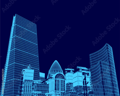 Blue cityscape with a large building in the middle. The buildings are tall and have many windows. The sky is dark and the city appears to be at night