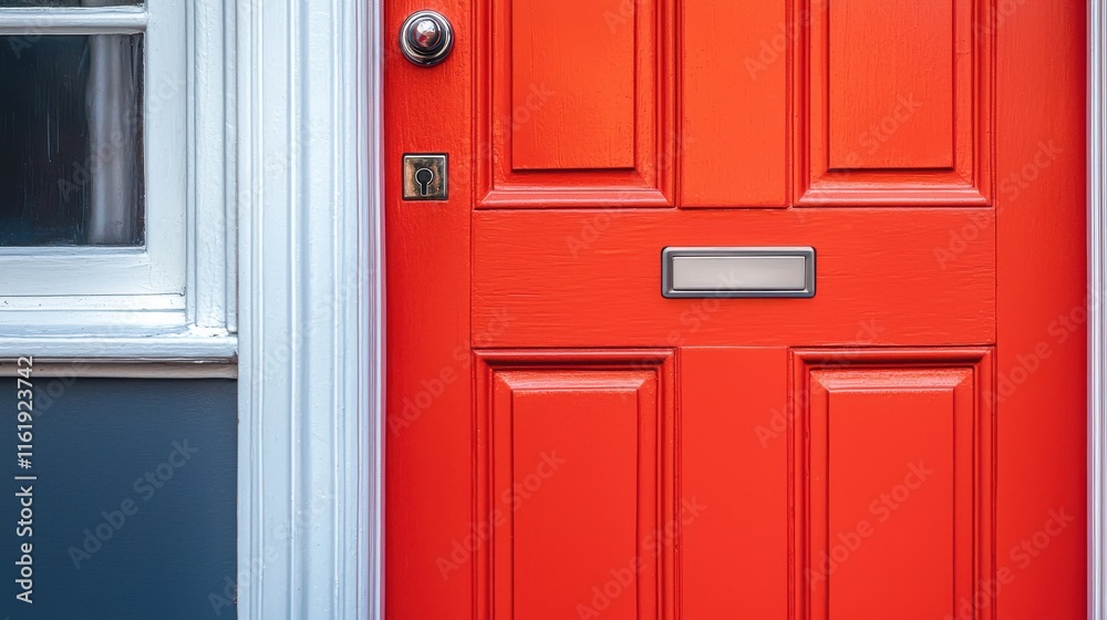 A vibrant red door with a shiny knob and a mail slot, framed by contrasting blue walls, exuding charm and inviting warmth. A vibrant red door with a shiny knob and a mail slot, framed by contrasting blue walls, exuding charm and inviting warmth.