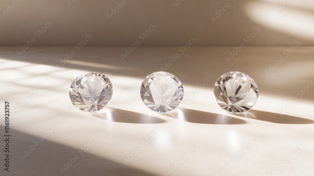 Three clear diamonds are sitting on a table Three clear diamonds are sitting on a table