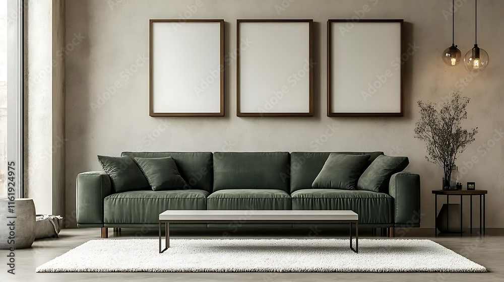 Fototapeta premium Modern living room interior design with green velvet sofa, three blank frames, and minimalist decor.