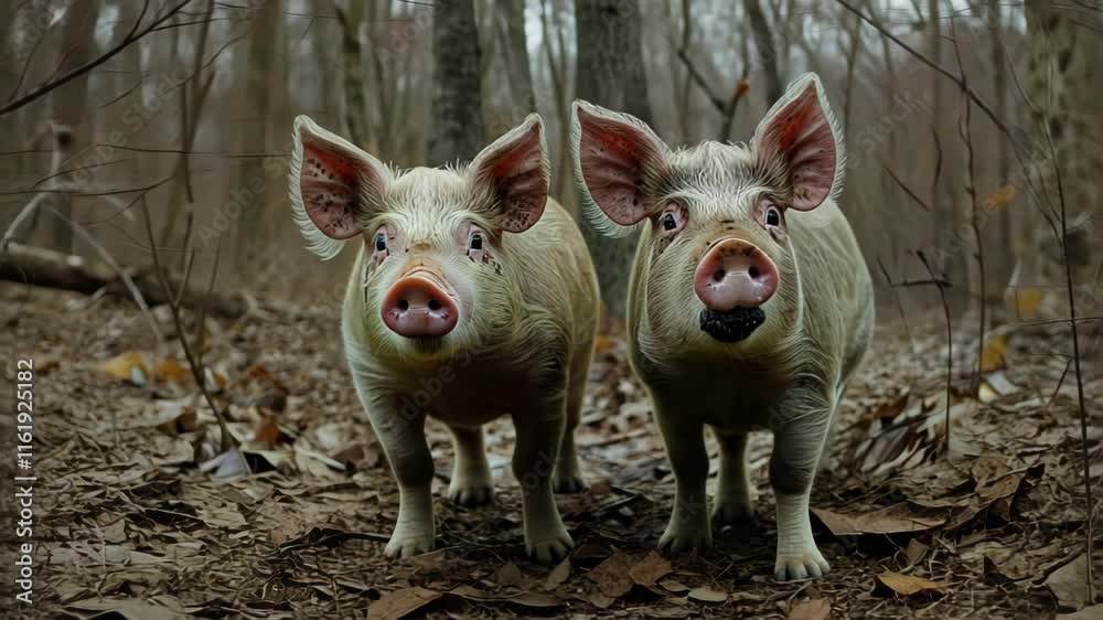 Two curious pigs in a wooded area, showcasing their expressive features. Two curious pigs in a wooded area, showcasing their expressive features.