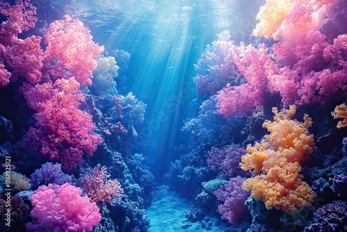 Fototapeta Naklejka Na Ścianę i Meble -  Colorful coral reef with pink, orange, and yellow coral