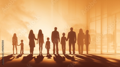 Families being supported by charity organizations, golden hour lighting, space in the center for connection,generative ai illustration
