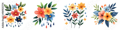 World water day element, Colorful flowers with leaves and raindrops in watercolor style, isolated on transparent background.