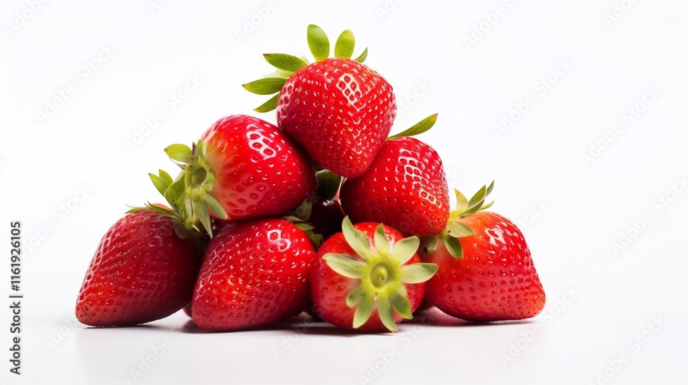 Close up View of a Stack of Freshly Harvested Strawberries with their Green Leafy Tops Arranged on a Simple White Background in a Minimalist Clean Composition Close up View of a Stack of Freshly Harvested Strawberries with their Green Leafy Tops Arranged on a Simple White Background in a Minimalist Clean Composition