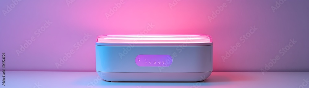 Ultrasonic cleaner with vibrant lighting on a minimalist background. Ultrasonic cleaner with vibrant lighting on a minimalist background.