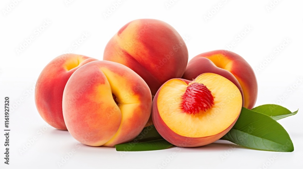 Ripe juicy peaches arranged on a clean white background showcasing the natural beauty and bountiful harvest of this seasonal fruit The sliced peach reveals its vibrant color and tantalizing texture Ripe juicy peaches arranged on a clean white background showcasing the natural beauty and bountiful harvest of this seasonal fruit The sliced peach reveals its vibrant color and tantalizing texture