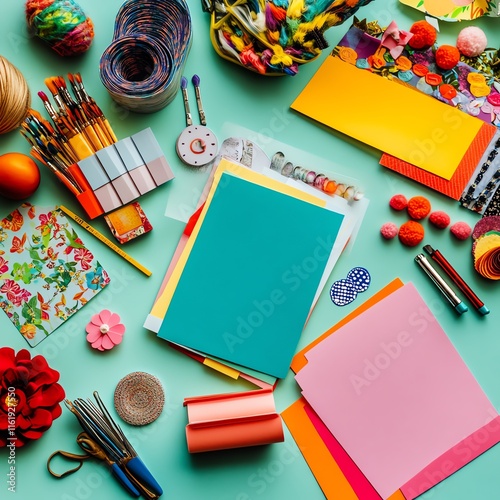 Colorful craft supplies arranged on a turquoise background.