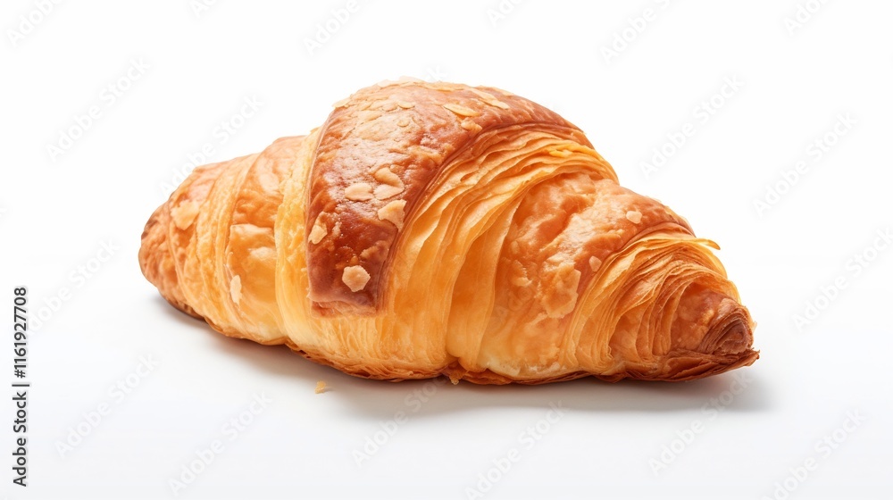Freshly baked croissant with golden flaky layers and a delicate texture displayed on a clean white surface This appetizing pastry evokes the aroma and elegance of a French patisserie Freshly baked croissant with golden flaky layers and a delicate texture displayed on a clean white surface This appetizing pastry evokes the aroma and elegance of a French patisserie