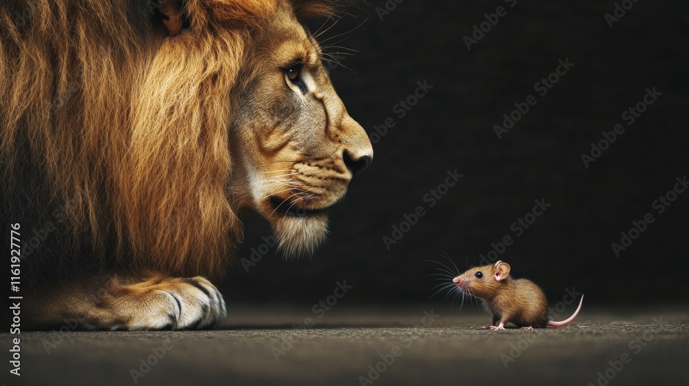 Fototapeta premium A lion is standing next to a mouse