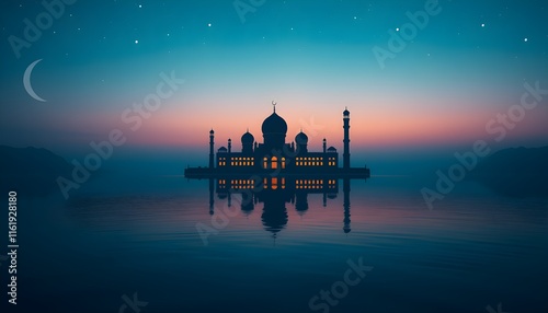 A tranquil and spiritual Ramadan Mubarak background featuring silhouettes of mosques reflected in a calm, serene sea under a softly lit night sky photo