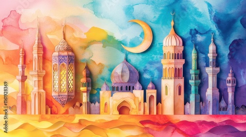 Vibrant Watercolor Cityscape: An Enchanting Arabian Nightscape with Colorful Mosques and Crescent Moon