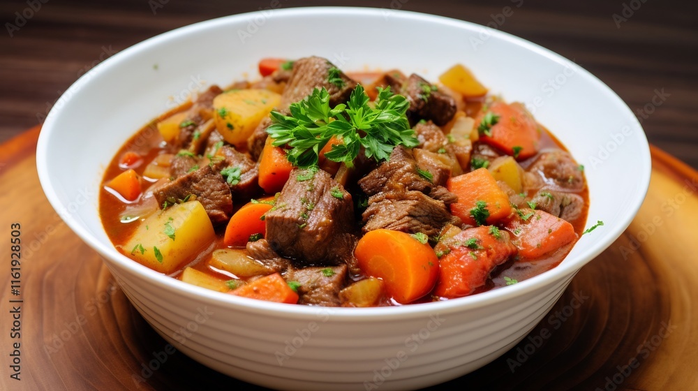 Hearty warming bowl of beef stew with tender chunks of meat assorted vegetables and a savory broth served on a plain white surface for a rustic comforting meal Hearty warming bowl of beef stew with tender chunks of meat assorted vegetables and a savory broth served on a plain white surface for a rustic comforting meal