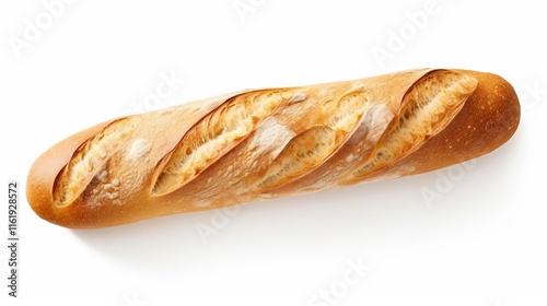 Closeup of a freshly baked golden brown baguette loaf placed on a clean minimalist white background  The soft