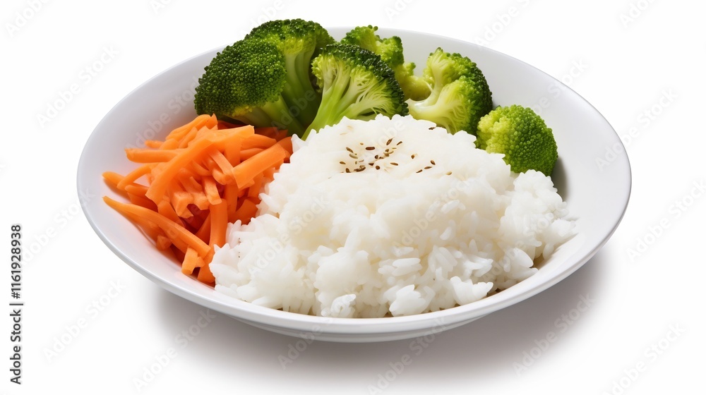 A simple and wholesome meal of fluffy white rice served with a side of steamed fresh vegetables on a clean white background A simple and wholesome meal of fluffy white rice served with a side of steamed fresh vegetables on a clean white background