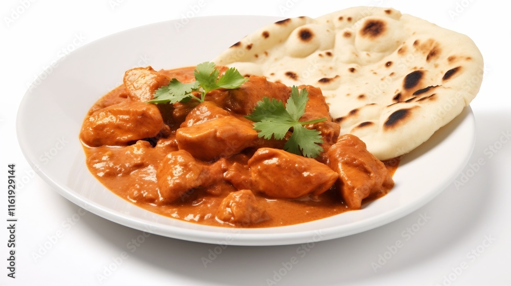 Mouthwatering Chicken Tikka Masala a popular Indian curry dish served with fragrant naan bread on a clean crisp white background Mouthwatering Chicken Tikka Masala a popular Indian curry dish served with fragrant naan bread on a clean crisp white background