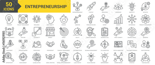 Entrepreneurship icon collection set. Containing innovation, leadership, creativity, initiative, visionary, business, investment, opportunity, project management, partnership icon. Simple line vector