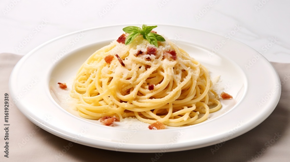 A delectable plate of spaghetti carbonara featuring the rich and creamy flavors of the pasta dish topped with shredded parmesan cheese on a pristine white surface background A delectable plate of spaghetti carbonara featuring the rich and creamy flavors of the pasta dish topped with shredded parmesan cheese on a pristine white surface background