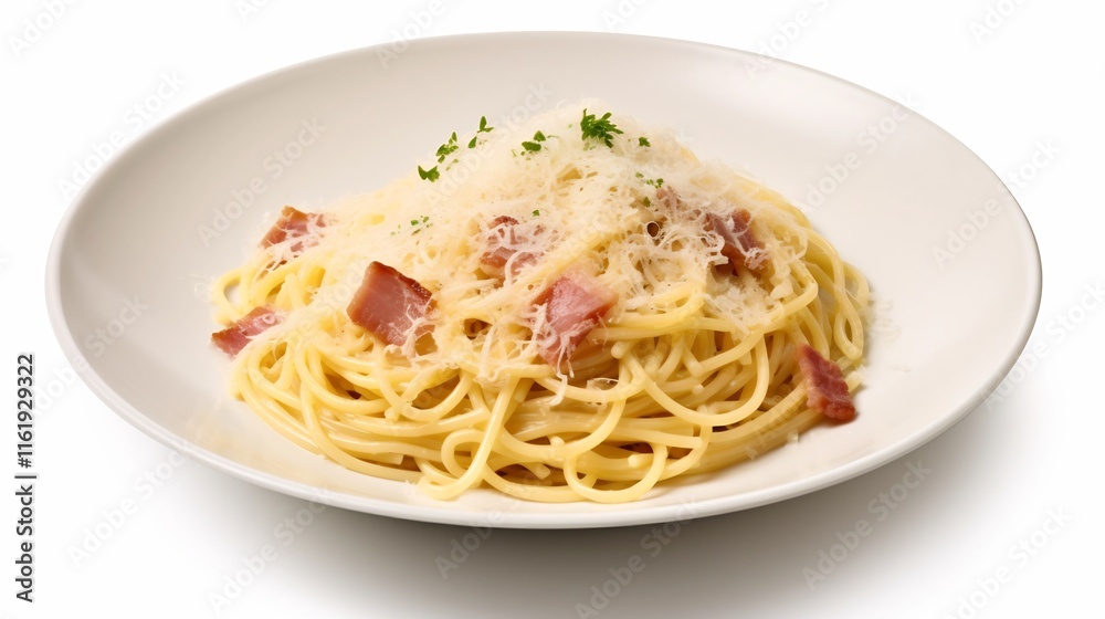 Delicious plate of homemade spaghetti carbonara covered in rich creamy parmesan cheese on a clean white background This classic Italian pasta dish is a savory and satisfying culinary delight Delicious plate of homemade spaghetti carbonara covered in rich creamy parmesan cheese on a clean white background This classic Italian pasta dish is a savory and satisfying culinary delight