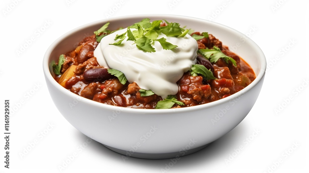 Steaming bowl of homemade chili made with savory beans topped with a dollop of cool creamy sour cream against a clean white backdrop creating a comforting and appetizing culinary scene Steaming bowl of homemade chili made with savory beans topped with a dollop of cool creamy sour cream against a clean white backdrop creating a comforting and appetizing culinary scene