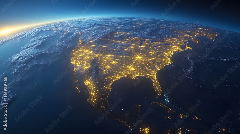 Fototapeta premium Night view of North America from space, showing city lights and cloud cover.