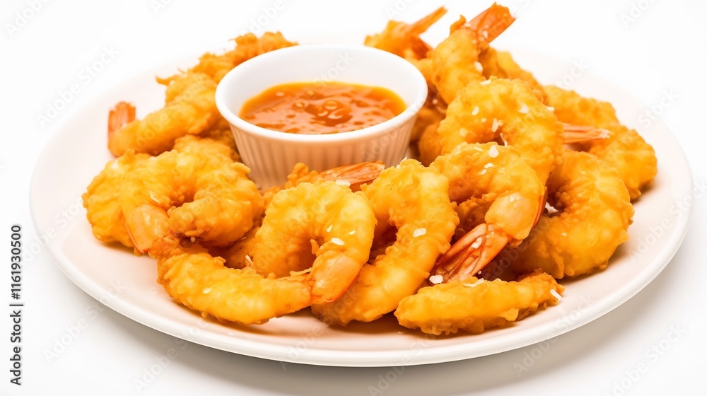 Close up of a plate filled with crispy golden brown tempura battered shrimp served with a savory dipping sauce all set against a clean white background for a simple elegant food photography display Close up of a plate filled with crispy golden brown tempura battered shrimp served with a savory dipping sauce all set against a clean white background for a simple elegant food photography display