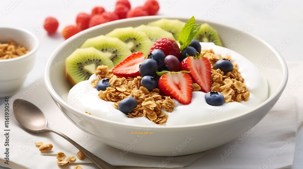 Delicious and nutritious breakfast or snack with a bowl of creamy yogurt topped with crunchy granola and a variety of fresh colorful fruits on a clean white background Delicious and nutritious breakfast or snack with a bowl of creamy yogurt topped with crunchy granola and a variety of fresh colorful fruits on a clean white background