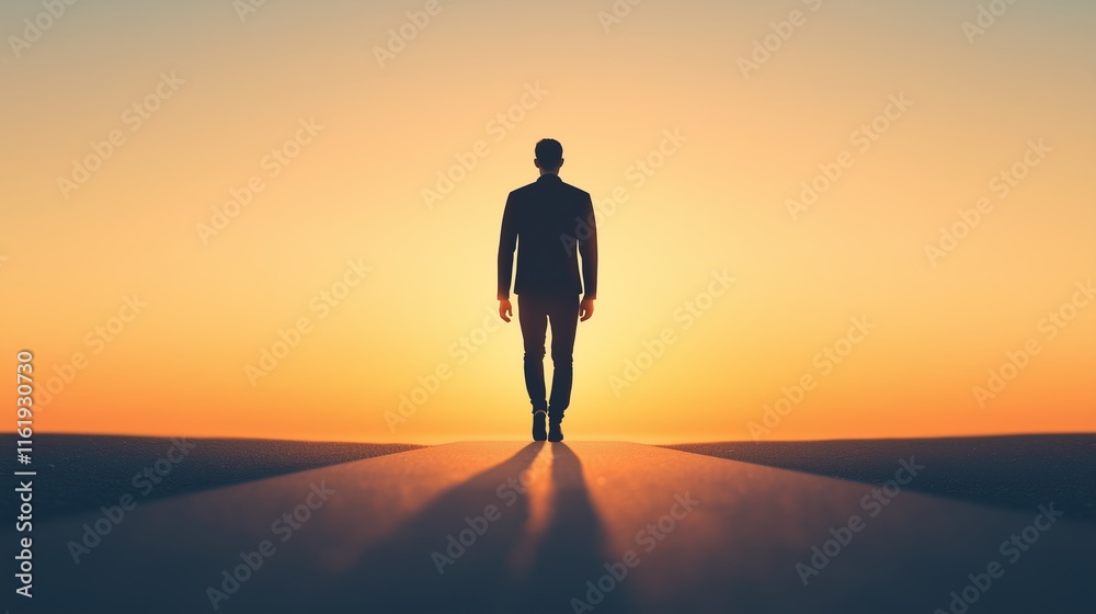 Man in suit walking towards sunrise urban setting motivational image calm environment inspirational view Man in suit walking towards sunrise urban setting motivational image calm environment inspirational view
