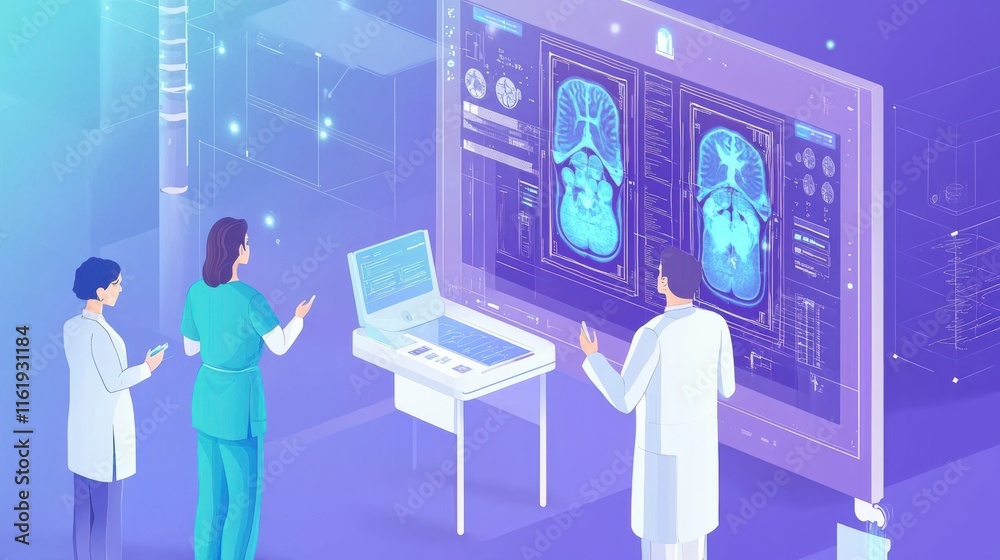 Medical professionals analyze advanced imaging technology displayed on a large screen, showcasing detailed scans of the human body in a futuristic setting. Medical professionals analyze advanced imaging technology displayed on a large screen, showcasing detailed scans of the human body in a futuristic setting.