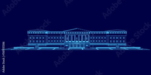 Blue image of a building with a large dome. The building is very tall and has a lot of windows
