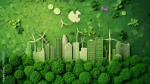 A green city with solar panels and wind turbines, symbolizing the positive impact of carbon credits on clean energy 