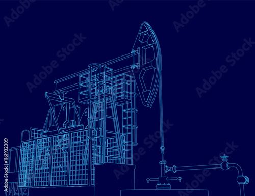 Blue drawing of a pump jack. The drawing is of a pump jack that is in the process of pumping oil. The drawing is very detailed and shows the different parts of the pump jack
