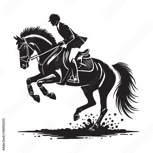 Equestrian Silhouette Vector Illustration, Solid White Background.